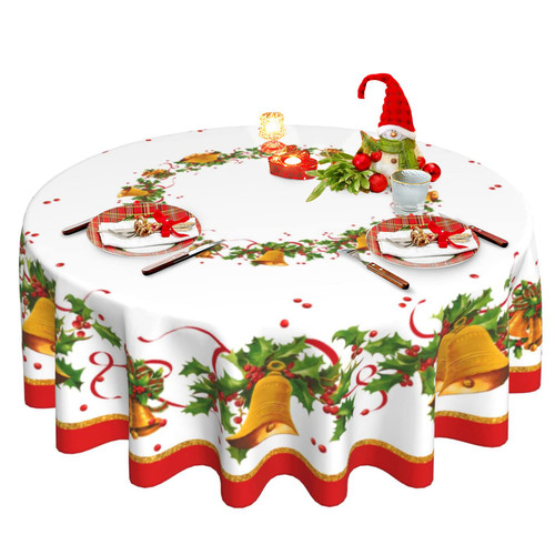 Oaxscug Christmas Round Tablecloth 60 Inch, Xmas Bells and Holly Table Cloth for Winter Rustic Farmhouse Kitchen Decor, Wipeable Polyester Fabric Table Cover for Holiday Party Oaxscug Christmas Round Tablecloth 60 Inch, Xmas Bells and Holly Table Cloth for Winter Rustic Farmhouse Kitchen Decor, Wipeable Polyester Fabric Table Cover for Holiday Party