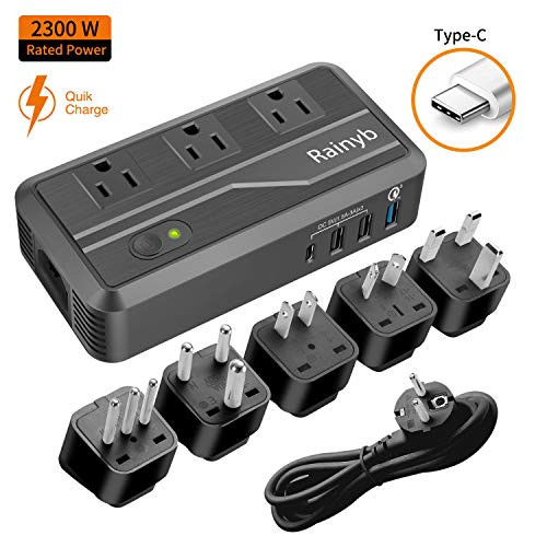 Rainyb 2300W Voltage Converter with Type-C & 3 USB Ports,Step Down 220V to 110V Power Converter for Hair Dryer,International Travel Adapter for UK/AU/US/EU/IT/S.Africa Plug (2300W-Upgraded)