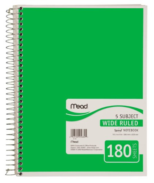 Mead Spiral Notebook, 5 Subject, Wide Ruled Paper, 180 Sheets, 10-1/2" x 7-1/2", Green (72233)