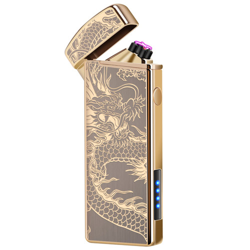 LcFun Electric Lighters, USB Rechargeable Lighter, Plasma Dual Arc Lighter, Windproof Flameless Lighter, Pocket Cool Lighter with LED Battery Indication for Candles, Incense, Camping (Gold Dragon)