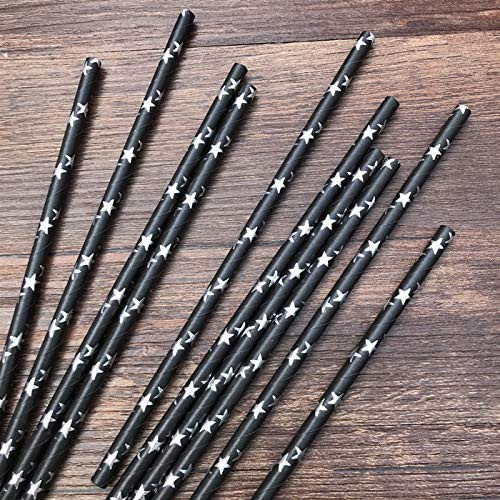 200Pcs black with silver stars Friendly Straw Biodegradable Disposable Paper Straws Party straws decoration (black)