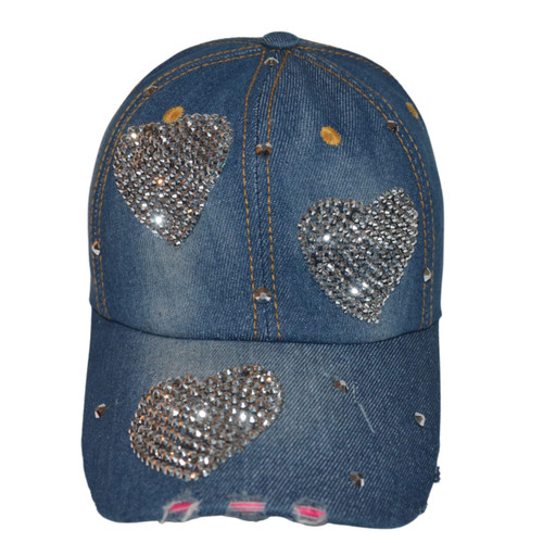 Popfizzy Bling Hat with Hearts for Women and Girls, Rhinestone Heart Hat, Bedazzled Baseball Caps, Fancy Bejeweled Hats, Distressed Denim Hat, Bling Gift for Women