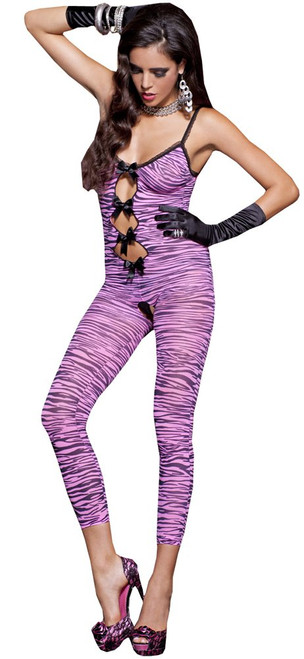 MUSIC LEGS Women's Footless Zebra Print Crotchless Bodystocking Keyhole Details, Hot Pink/Black, One Size