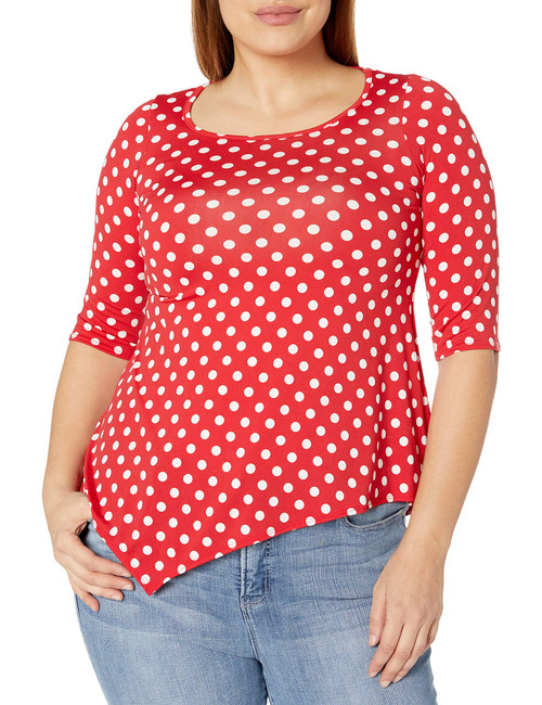 Star Vixen Women's Plus-Size Elbow Sleeve Hanky Hem Tunic, red dot, 3X