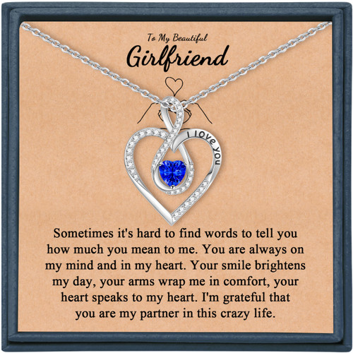 Necklace for Girlfriend Sapphire Blue Birthstone Crystal for September Necklace Infinity I Love You Heart Pendant Necklace Gifts for Women Girls Christmas Birthday Valentine's Day Graduation Gifts