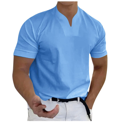 T Shirts For Men Pack, Long Sleeve Flannel Summer T Shirts For Men Mens Slim Fit T Shirt Casual Solid Color V-Neck Gentleman'S Business Short Sleeve Fitness T-Shirt Music T Shirts (Blue, Large)