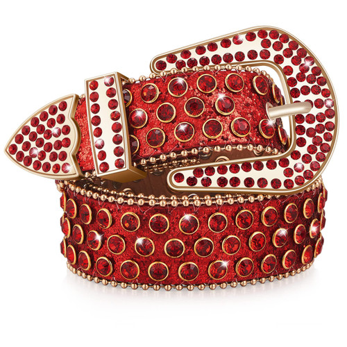 Geyoga Rhinestone Western Belt Bling Studded belts for Women Cowgirl Cowboy Leather Diamond Belt Vintage Waist Belt for Jeans Dress (Red, 39.4 Inch)