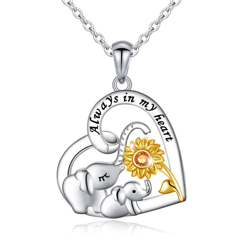 S925 Sterling Silver Mother and Child Elephant with Sunflower Always in My Heart Pendant Necklace (Heart Necklace)