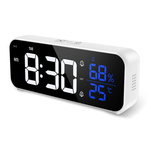 ORIA Digital Alarm Clock, LED Desk Clock, with Large Mirror Display, Voice Control, Temperature Humidity, Adjustable Brightness, Dual Alarms, Snooze, for Bedroom, Office, White