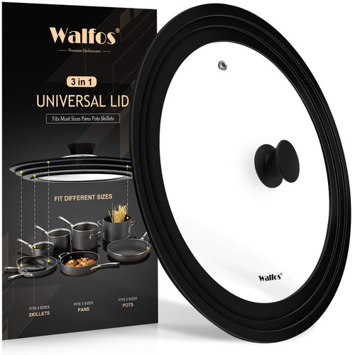 Walfos Universal Lid for 9.5", 10.5" and 11" Diameter Cookware, Fits Pots, Pans and Skillets - Walfos Tempered Glass Pan Lid with Heat Resistant Silicone Rim, BPA Free Pot Lids, Dishwasher-Safe, Black