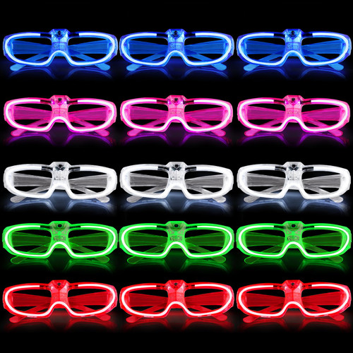 15 Pack Light Up Glasses 5 Colors LED Glasses Glow in The Dark Neon Party Supplies for Kids Adults 80s Shutter Shades Birthday Party Favors Flashing Party Glasses