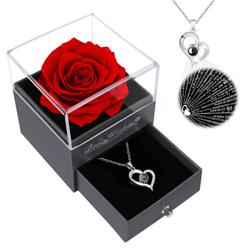 Womens Rose Gifts for Her,Red Preserved Flowers Rose Gifts for Mom from Daughter Son, Birthday Gifts for Women, Christmas Rose Gifts for Her,Real Rose Flower Gifts with Necklace for Women,Wife,Grandma