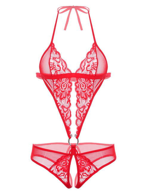 Avidlove Womens Sexy Lingerie Mini Teddy Halter Bodysuit One Piece Lace Babydoll Red