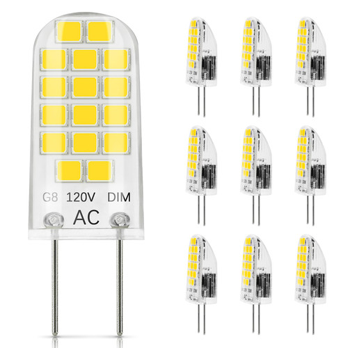 DiCUNO G8 LED Bulb Dimmable, 2W (20W Equivalent), Daylight White 5000K, 120V, T4 JCD Type Bi-Pin Base Light Bulbs for Under Cabinet, Counter Lighting, 10-Pack