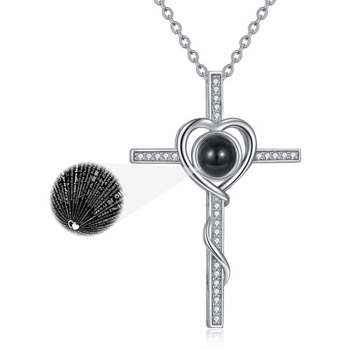 TIGER RIDER Love Heart Cross Pendant Necklace 925 Sterling Silver I Love You Necklace 100 Languages Jewelry Gifts for Women