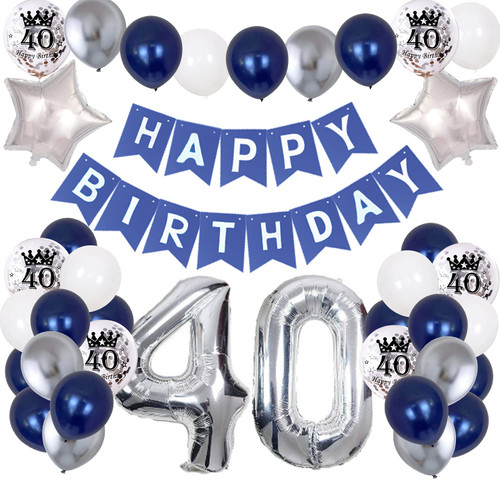 40th Birthday Decorations for Men and Women, 40th Birthday Party Supplies with HAPPY BIRTHDAY Banner and Number 40 Balloons, Silver Navy Blue Theme Party for 40 Years Old Birthday Decorations