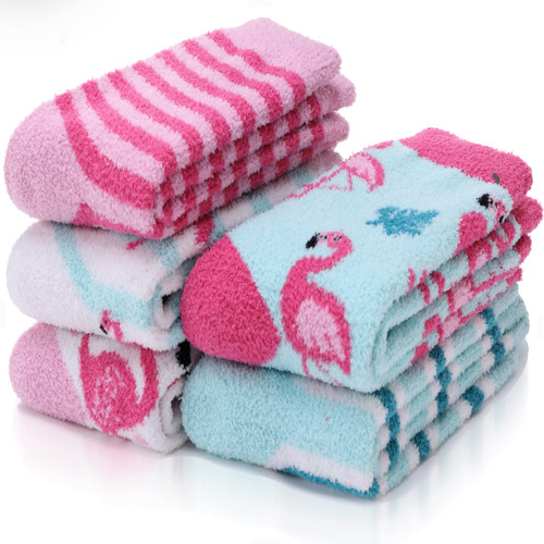 EBMORE Womens Fuzzy Socks Slipper Fluffy Cozy Comfy Cabin Plush Warm Winter Sleep Home Soft Christmas Valentines for Mom Her Stocking Stuffers for Women Adult Socks?Stripe Flamingo (5 Pairs)?