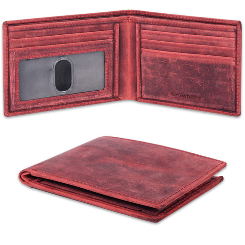 Genuine Leather Red Bifold Wallet For Men | 5 Credit Cards Window | Slim Minimalist Front Pocket Bill Fold Wallet