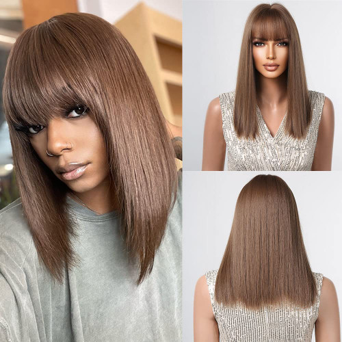 Allbell Brown Bob Wigs for Women Short Wigs with Bangs Shoulder Length Straight Synthetic Hair Natural Looking