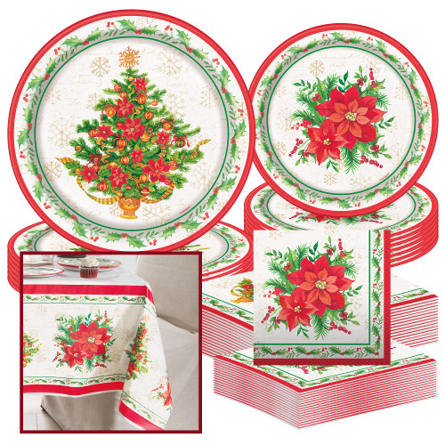 Unique Festive Poinsettia Christmas Tree Party Bundle | Red, White and Green Luncheon & Beverage Napkins, Dinner & Dessert Plates, Table Cover