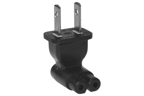 Mizar 2 Prong Right Angle Plug Adapter, USA IEC 60320-C7 receptacle to NEMA 1-15P