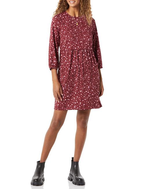 Amazon Essentials Women's Lightweight Georgette 3/4 Sleeve Crewneck Mini Dress, Dark Red Ditsy Floral, X-Small