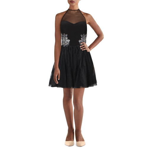 Blondie Nites Womens Applique Knee Halter Dress Black 1