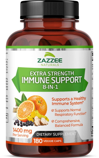 Zazzee Extra Strength 8-in-1 Immune Support, 1400 mg per Capsule, 180 Vegan Capsules, 1000 mg Vitamin C, 1000 IU mg D3, Zinc, Elderberry, Echinacea, Goldenseal, Turmeric and Astragalus, All-Natural