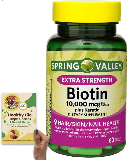 Spring Valley Extra Strength Biotin 10,000 mcg + Keratin 100 mg, 60 Tablets, Dietary Supplement for Hair, Skin, Nails Support - Bundle with 'Healthy Life, Simple Choices: Guide' (2 Items) Spring Valley Extra Strength Biotin 10,000 mcg + Keratin 100 mg, 60 Tablets, Dietary Supplement for Hair, Skin, Nails Support - Bundle with 'Healthy Life, Simple Choices: Guide' (2 Items)