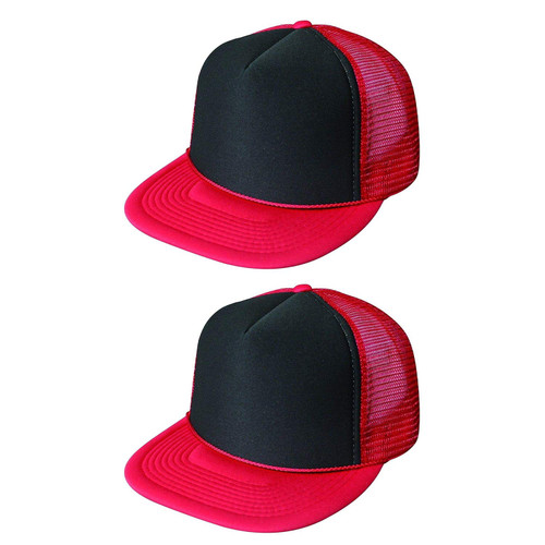 2 Packs Baseball Caps Blank Trucker Hats Summer Mesh Cap Flat Bill or Chambray Hats (2 for Price of 1) (5FBC Flat Bill Summer Mesh Cap (Red/Black/Black))