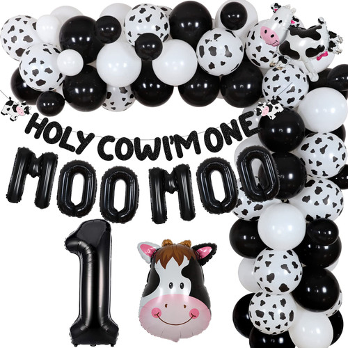 Cow 1st Birthday Decorations - Holy Cow Im One Birthday Decorations for Boys Girls, Black and White Balloon Garland Kit with Holy Cow Im One Banner, Moo Moo Cow Foil Balloons