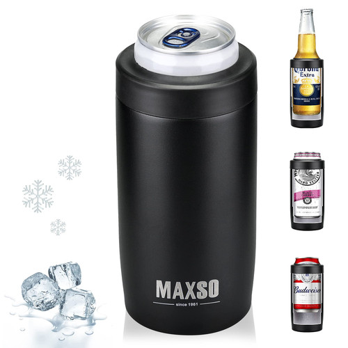 Maxso Slim Can Cooler, 4-in-1 Double Walled Stainless Steel Insulated Beer Can Holder, Works With All 12 Oz Cans,Bottles & As A Pint Cups - Matte Black