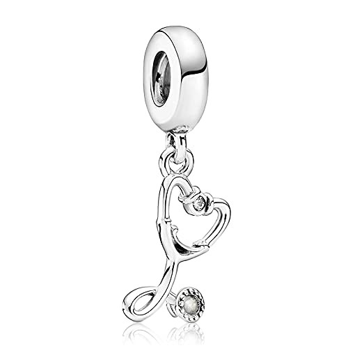 EZ Tuxedo Stethoscope Heart Dangle Charms 925 Sterling Silver Pendant with Cubic Zirconia for Bracelets