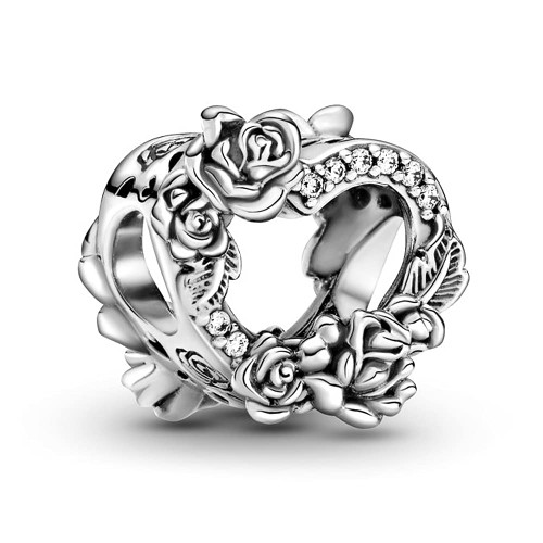 EZ Tuxedo Rose Flower Heart Charms 925 Sterling Silver Openwork Bead with Cubic Zirconia for Bracelets