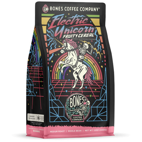 Bones Coffee Company Electric Unicorn Flavored Coffee Beans & Ground Coffee Fruity Cereal With Milk Flavor | 12 oz Medium Roast Arabica Low Acid Coffee | Gourmet Coffee (Whole Bean)