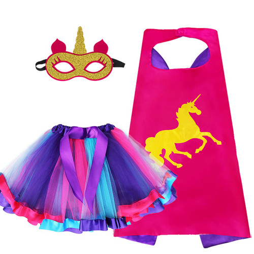 D.Q.Z Super hero Costumes for Girls, Kids Superhero-Cape and Mask Rainbow TuTu Unicorn Princess Dress Up Birthday Gifts (Rose)