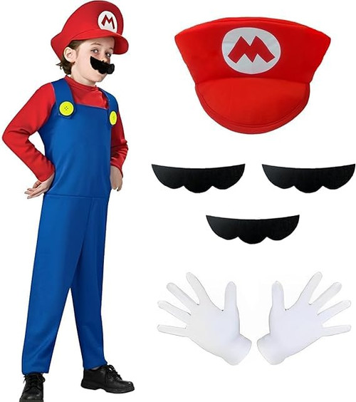 Super Brothers Costume?Halloween Costume Outfit for Kids, Plumber Cosplay Jumpsuit with Accessory for Boys