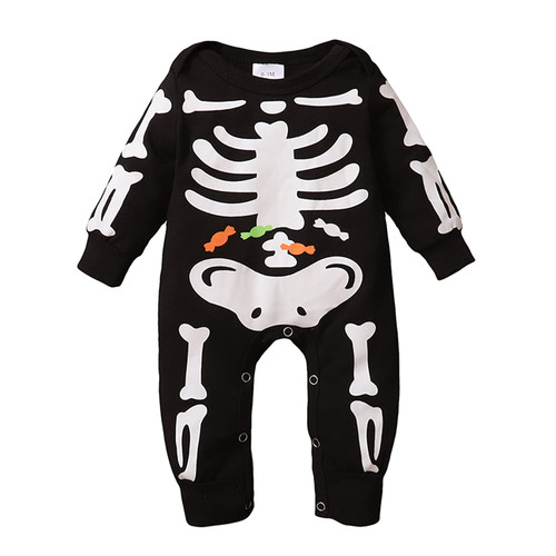 MAINESAKA Baby Halloween Costume Skeleton Costume Baby Boys Girls Skull Skeleton Romper Jumpsuit Halloween Outfit Romper with Hat (Black 1, 12-18 Months)