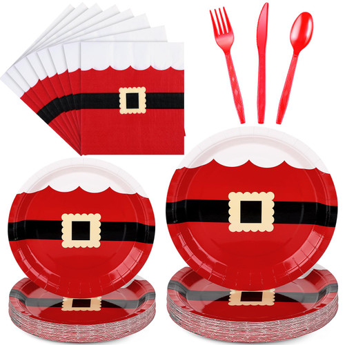 Bokon 96 Pcs Christmas Party Supplies Disposable Party Dinnerware Set Christmas Santa Belt Plates Napkins Knives Forks Spoons Christmas Party Decorations for Xmas Holiday Dinner Home Serves 24