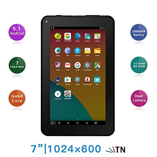 Haehne 7 Inches Tablet PC - Google Android 5.1 Quad Core, 1024 x 600 Screen, 2.0MP 0.3MP Dual Camera, 1G RAM 8GB ROM, 2800mAh, WiFi, Bluetooth (Black)