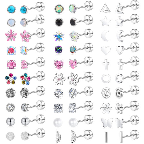 Jewdreamer 30 Pairs Surgical Steel Earrings for Women Cartilage Stud Earrings for Sensitive Ears Heart Opal Pearl Cubic Zirconia Hypoallergenic 20G Stainless Steel Stud Flat Back Earrings