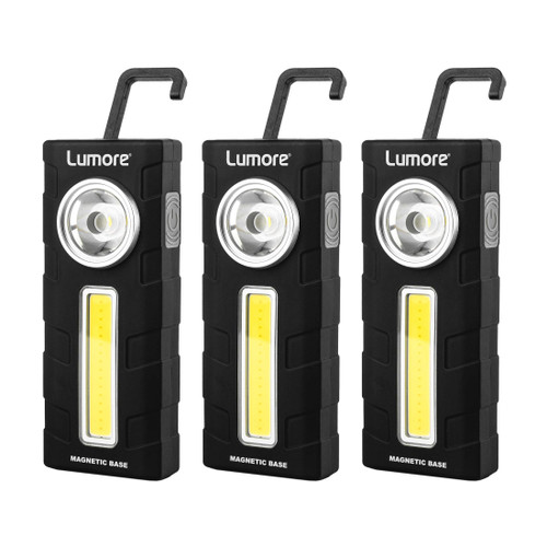 Lumore Three Pack 2 in 1 Work Light with Magnet, Clip, and Hook | High-Power LED Emergency Beacon |Premium Work Flashlight, Black, One