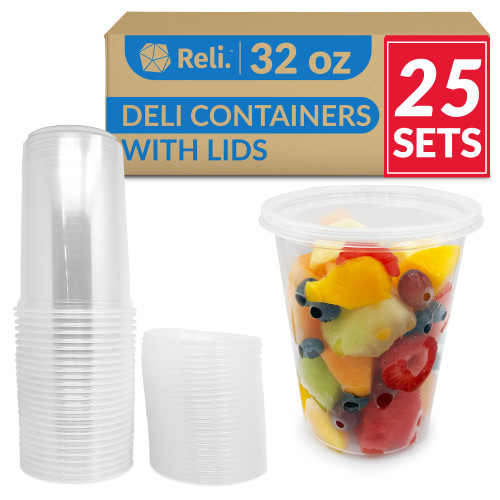 Reli. Deli Containers with Lids (25 Sets), 32 oz | Plastic Deli Containers with Lids 32oz | Clear Soup Containers with Lids, Disposable | To Go Food Storage Containers | Microwave & Freezer Safe