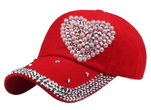 Shiny Baseball Cap for Women Pearl Loving Heart Chic Denim Hats Bling Metal Sun Hat Skullcap Adjustable Comfy Outdoor