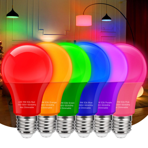 LED Light Bulbs Halloween Decorations, 9W Equivalent 60W A19 Colored Light Bulb, E26 Base LED Bulbs for Home Party Indoor Outdoor Holiday Christmas Lighting 6 Packs