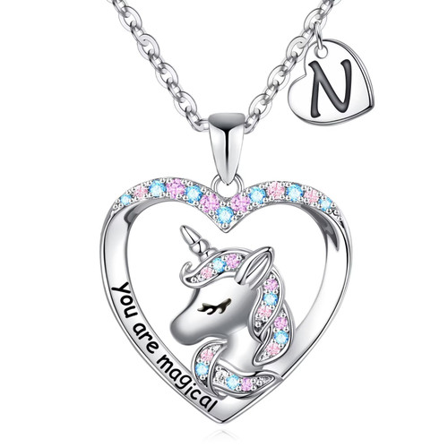 Unicorn Necklace for Teen Girls Gifts, 14K White Gold Plated Letter N Initial Unicorn Necklace Jewelry for Teen Girls Dainty CZ Heart Pendant Unicorn Necklaces for Girls Women Unicorns Gifts for Girls