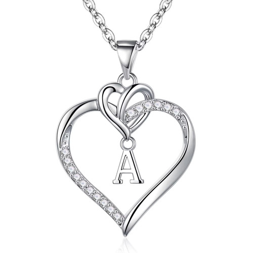 STORUP Heart Initial Necklaces for Women Girls, 14K White Gold Plated Cubic Zirconia Heart Initial A Pendant Necklace Dainty Heart Necklaces for Women Teen Girls Jewelry Gifts for Wife Girlfriend