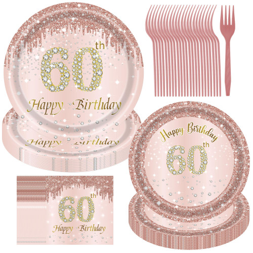 60th Birthday Decorations Women, 96PCS 60th Birthday Decor Plates and Napkins Rose Gold Plates Party Supplies Happy 60th Birthday Decorations for Women 60th Birthday Party Decorations Serves 24