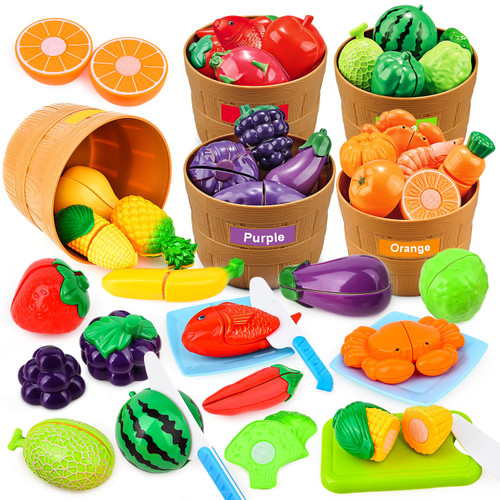 Fegalop 35 PCS Color Sorting Play Food Set Cutting Toys Pretend Food Play Kitchen Accessories ,Learning Educational Toys Color and Food Matching Games for Toddler Kids (CS-36)