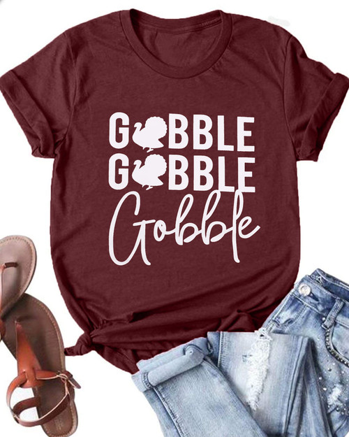 FASHGL Gobble Gobble T-Shirt Women Thanksgiving Shirts Funny Turkey Graphic Tee Casual Short Sleeve Tops Dark Red